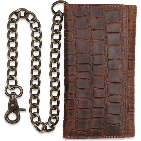 Leather Steel Chain Wallet Crocodile style brown